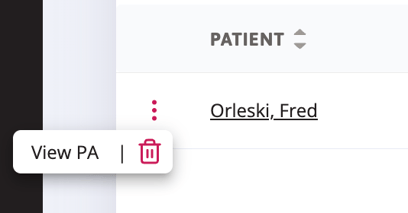 A screenshot indicating where you click to  open or delete a form by selecting the ellipsis next to it and choosing View PA.