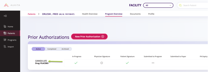Screenshot indicating the Prior Authorizations tile and where to click to open the form.