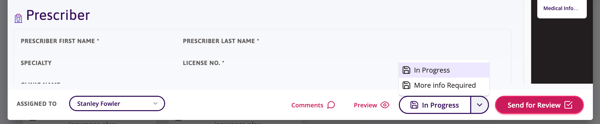 Bottom portion of the form showing the fields “Assigned to,” “Comments,” “Preview,” “Save and Close,” the white action button set to “In Progress,” and the pink action button set to “Ready for Healthcare Professional.”