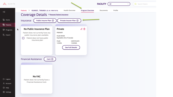 It highlights "Program Overview" with coverage options for public and private insurance plans.