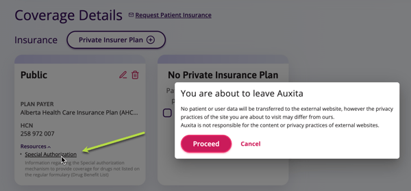 Coverage details for public plans will allow users to click an underlined link to open the public websites. There is a warning message letting auxita users know they are about to leave Auxita.