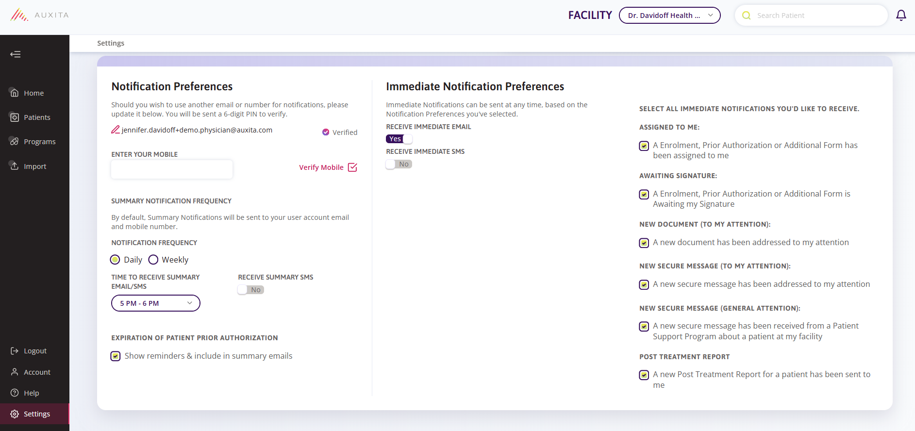 Notification preferences within Auxitas settings.