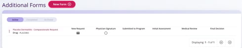 An additional form has been initiated. The New Request Stage is set to Ready for HCP and the Physician Signature stage is Not Started.