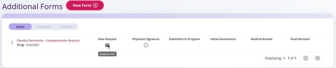 An additional form has been initiated. The New Request stage is showing Ready for HCP and the Physician Signature stage is Not Started.
