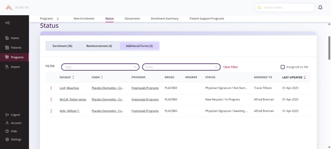 Status table showing patient’s name.
