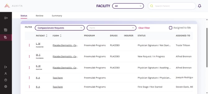 Status table showing patient’s initials and their Program ID.