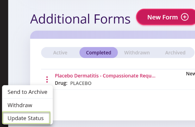 The patient’s Completed additional forms are showing and the ellipses has been selected to show the options available. 