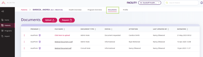 Patients section of Auxita with the Documents tab highlighted