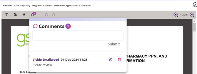  A document open with a number 1 next to the Comments indicating there is one available.