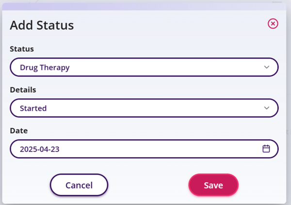 Add Status window to choose Status, Details, Date then click Save. 