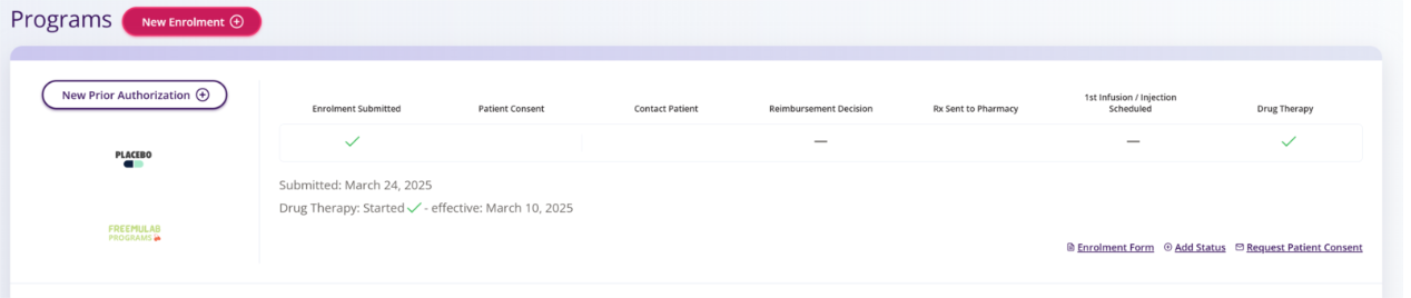 he Patient Progress Status Bar is displayed here with check marks indicating the Enrolment is Submitted eand Drug Therapyhas Started. It also states the Drug Therapy Started effective date.