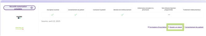 Barre d'état de progression du patient avec +Ajouter un état disponible. 