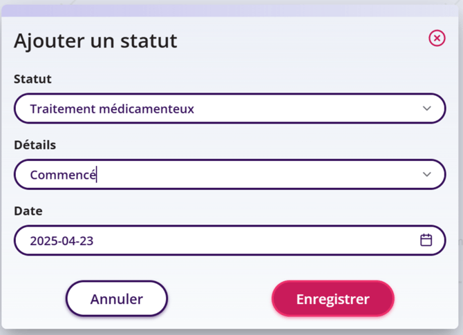 La fenêtre Ajouter un statut permet de choisir le statut, les détails et la date, puis de cliquer sur Enregistrer.