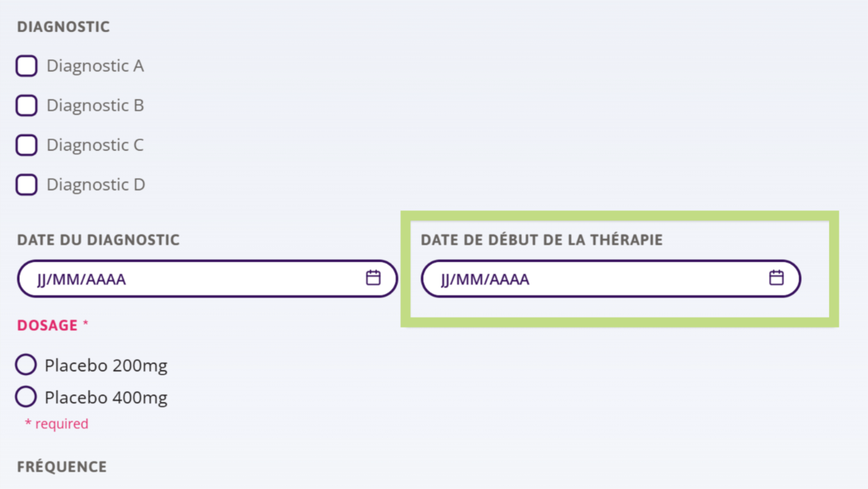 Un formulaire d'inscription avec la date de début de la thérapie comme champ à remplir. 