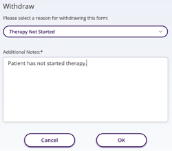 Withdraw dialog window with a dropdown menu to choose the reason along with an area to add additional notes.