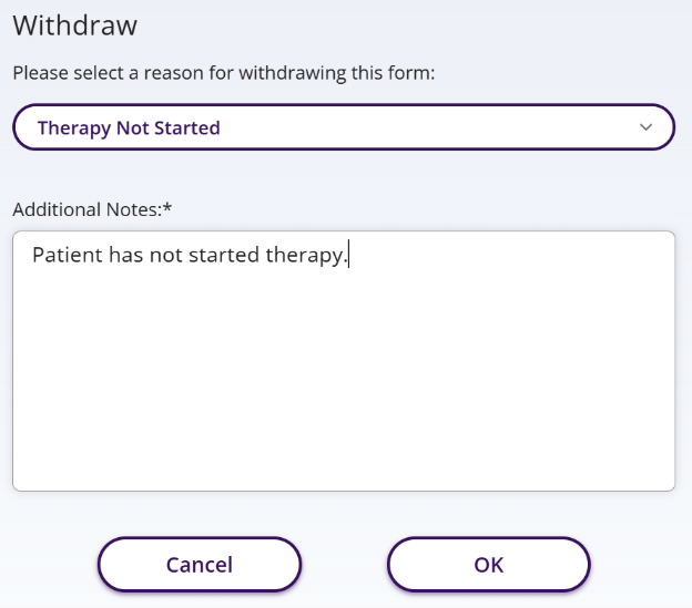 Withdraw dialog window with a dropdown menu to choose the reason along with an area to add additional notes.