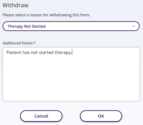 Withdraw dialog window with a dropdown menu to choose the reason along with an area to add additional notes.