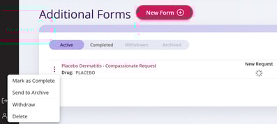 The ice cream menu is displayed for an Additional Form on the Patient’s Profile with the option to withdraw, delete, mark as complete and send to archive. 