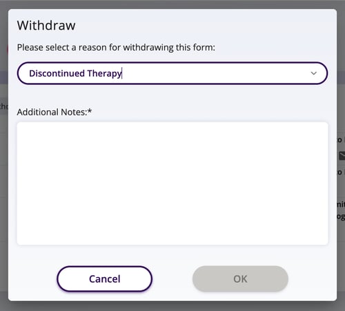 Withdraw dialog window with a dropdown menu to choose the reason along with an area to add additional notes.