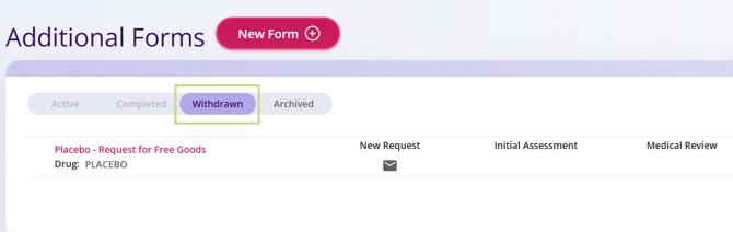 Withdrawn tab of the Patient’s Additional Forms section is displayed here.