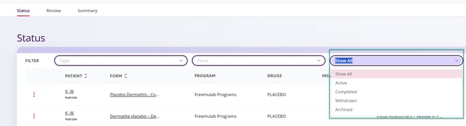 Status table with dropdown filters to choose the state of a form.