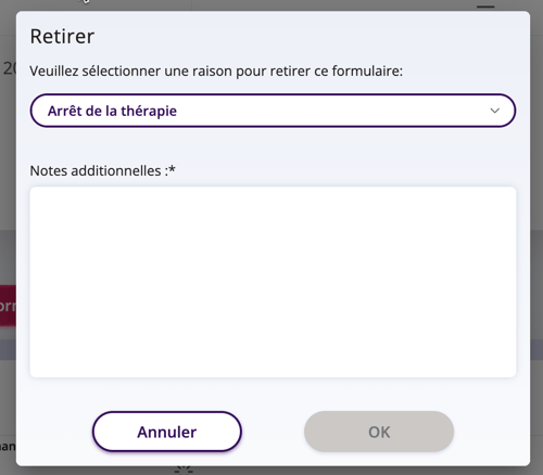 La fenêtre de dialogue Retirer contient un menu déroulant permettant de choisir le motif ainsi qu'une zone permettant d'ajouter des notes supplémentaires.