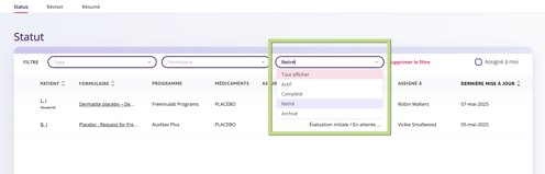 Tableau d'état avec des filtres déroulants pour choisir l'état d'un formulaire. 