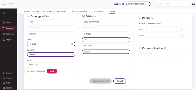 Patient profile with Program Patient ID filled in. 