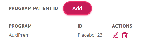 The program patient ID entered with actions available of edit and trash icons.