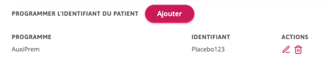 L'identifiant du patient du programme est saisi avec les actions disponibles, à savoir les icônes d'édition et de corbeille.