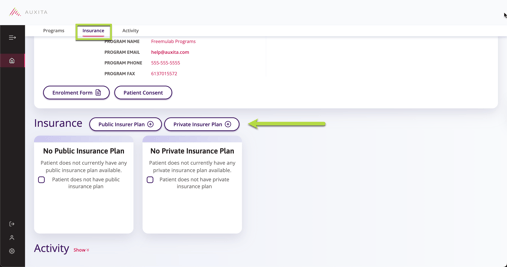 The patients profile from the homes page, by clicking the Insurance section at the top it will bring up the patients insurance to add