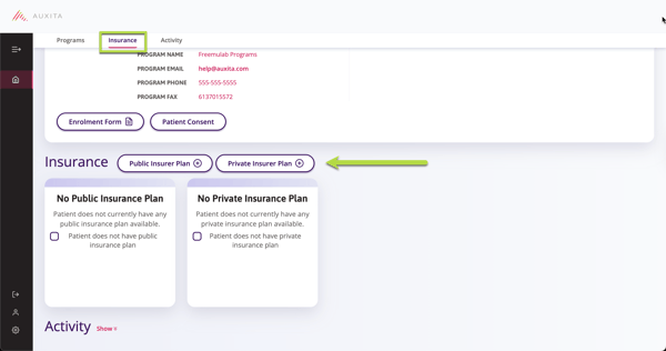 The patients profile from the homes page, by clicking the Insurance section at the top it will bring up the patients insurance to add