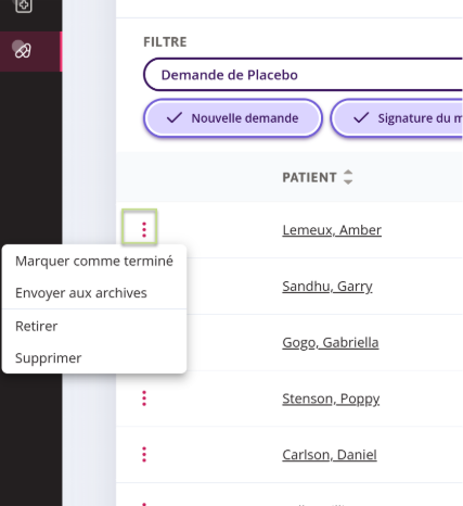 les points de suspension sont développés pour afficher les options disponibles : Marquer comme terminé,Envoyer aux archives, Retirer, Supprimer 