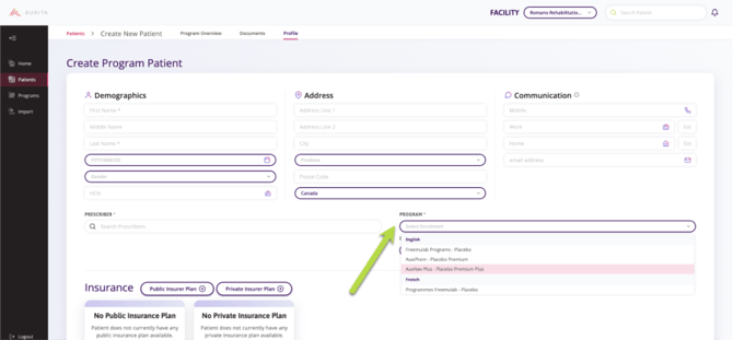Create Program Patient window