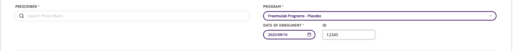 A form showing fields to search for a prescriber, select a program from a dropdown, enter an enrolment date, and ID. 
