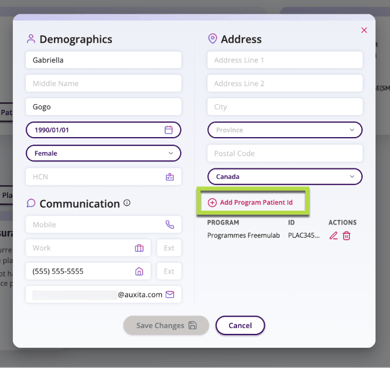 This image shows a digital form for patient information, including fields for demographics, address, and communication details. It features a highlighted option to add a program patient ID.
