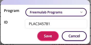 Dropdown menu displaying the patients Program is selected, with an ID input. Below are "Save" and "Cancel" buttons for action options.