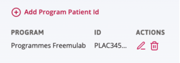 The program patient ID entered with actions available of edit and trash icons