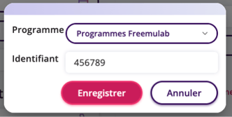 Menu déroulant affichant le programme sélectionné pour le patient, avec un champ de saisie d'identifiant. En dessous se trouvent les boutons « Enregistrer » et « Annuler » pour les options d'action.