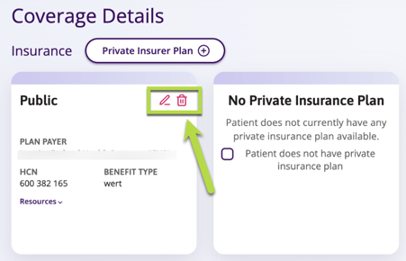 Screenshot showing where to edit or delete the patients insurance coverage details previously entered.