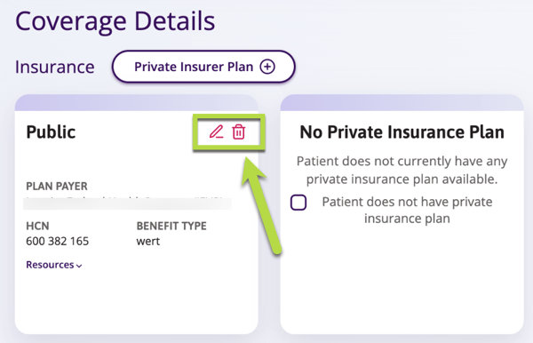 Screenshot showing where to edit or delete the patients insurance coverage details previously entered.