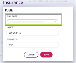 A screenshot of an insurance form interface. It features fields for Plan Payer, HCN/ID, and Benefit Type, with Cancel and Save buttons below.