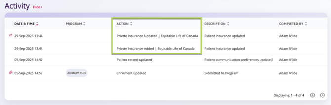A table labeled 'Activity' shows four records with details such as date, program, action, description, and completed by. Actions include insurance updates and enrollment adjustments, all completed by the same person.